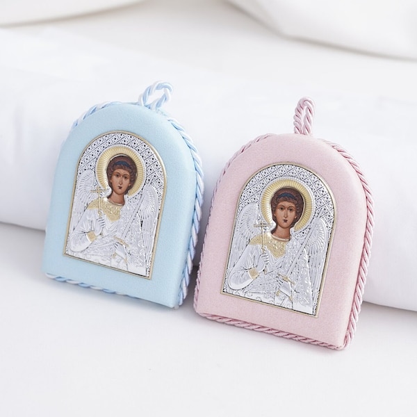 Icon Of GUARDIAN ANGEL, Greek Icons, Baptism Icon, Silver Handmade Icons, Orthodox Christian Icons, Byzantine Icons, Icon On Leather Base