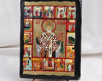 Ikona ŚW. MIKOŁAJA, Ikony chrześcijańskie, Ręcznie robiona prawosławna ikona Świętego Mikołaja, Dekoracja do domu, Drewniane ikony 5,1 x 6,7 cala