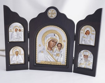 Greek Icons, Color Icon Triptych Of The MOTHER Of GOD Of Kazan, Silver Handmade Icons, Orthodox Christian Icons, Byzantine Icons