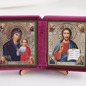 Diptych Icon Of Kazan MOTHER Of GOD And Jesus CHRIST, Handmade Icons Of Theotokos And Jesus Christ, Foldable Icon, Orthodox Diptych 5.9x3.1&quot;