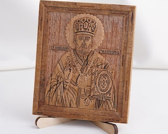 Ikona ŚW. MIKOŁAJA, Ręcznie robiona grecka prawosławna ikona św. Mikołaja, Drewniana rzeźbiona ikona religijna, Dekoracja religijna, Dekoracja domu