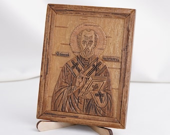 Ikona ŚW. MIKOŁAJA, Ręcznie robiona grecka prawosławna ikona św. Mikołaja, Drewniana rzeźbiona ikona religijna, Dekoracja religijna, Dekoracja domu