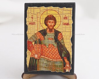 Handmade Saint Theodore Stratelates Icon, Greek Orthodox Wood Icon