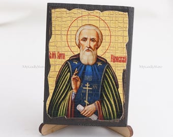 Handmade Saint Sergius of Radonezh Icon, Greek Orthodox Wood Icon