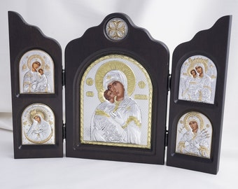 Greek Icons, Color Icon Triptych Of The MOTHER Of GOD, Silver Handmade Icons, Orthodox Christian Icons, Byzantine Icons