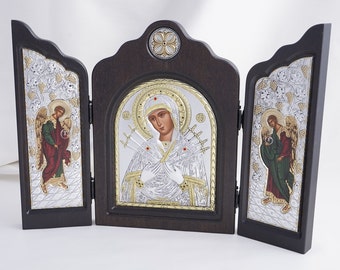 Greek Icons, Color Icon Triptych Of The MOTHER Of GOD Seven Swords, Silver Handmade Icons, Orthodox Christian Icons, Byzantine Icons