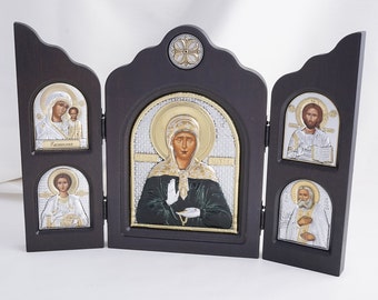 Greek Icons, Color Icon Triptych Of The SAINT MATRONA, Silver Handmade Icons, Orthodox Christian Icons, Byzantine Icons