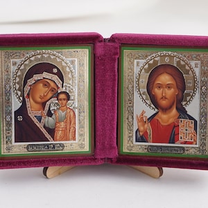 Diptych Icon Of Kazan MOTHER Of GOD And Jesus CHRIST, Handmade Icons Of Theotokos And Jesus Christ, Foldable Icon, Orthodox Diptych 5.9x3.1&quot;