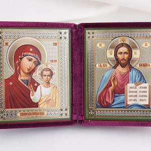 Diptych Icon Of Kazan MOTHER Of GOD And Jesus CHRIST, Handmade Icons Of Theotokos And Jesus Christ, Foldable Icon, Orthodox Diptych 7.9x4.5&quot;