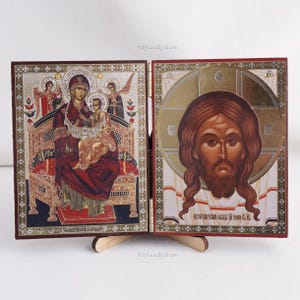 Orthodox Icon Diptych, THEOTOKOS PANTANASSA & CHRIST The Saviour Icon, Handmade Orthodox Icon Of Mother Of God, Religious Icon, Home Decor