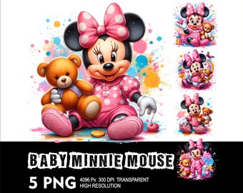 5 PNG Baby Mouse Girl Splash and Watercolor Transparent PNG file for Sublimation 300Dpi High Resolution PNG Download Files Baby Minnie