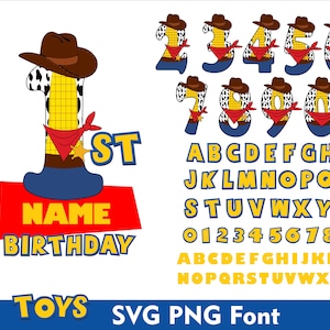 Spielzeug Geburtstag Zahlen Doodle Schrift Spielzeug SVG PNG Doodle Zahlen Schrift Woody Schrift Zahlen Buchstabe A-Z Geschichte Brief Schriftart Spielzeug Doodle Buchstabe Geschichte