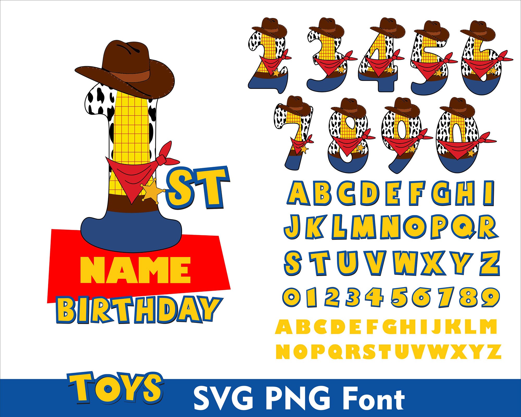 Toys Birthday Numbers Doodle Font Toys SVG PNG Doodle Numbers Font Woody Font Numbers Letter A-Z Story Letter Font Toy Doodle Letter Story