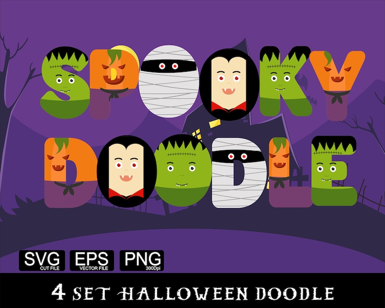 May include: A set of four Halloween-themed doodle letters, "SPOOKY DOODLE", with each letter featuring a different cartoon character: a Frankenstein monster, a pumpkin, a mummy, a vampire, and a witch.