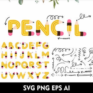 Lápis Alfabeto Doodle Lápis Letras Svg Cute Pencil Lines Clipart e Pencil Font para Cricut Svg Png Eps Ai Font