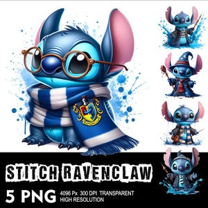 以下が含まれることがあります： 青いステッチのキャラクターが、ハリーポッターのレイブンクローの家の紋章が付いた青と白のストライプのストールを着用しています。ステッチは丸い眼鏡をかけており、白い斑点のある青い背景をしています。