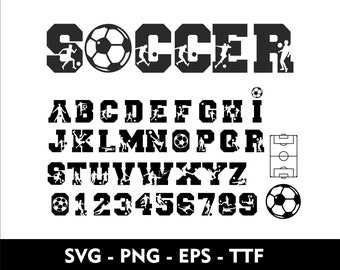 サッカー アルファベット SVG 文字とサッカー 数字フォント、Cricut SVG カット ファイル用、スポーツ フォント、サッカー サッカー アルファベット SVG Eps PNG TTF フォント