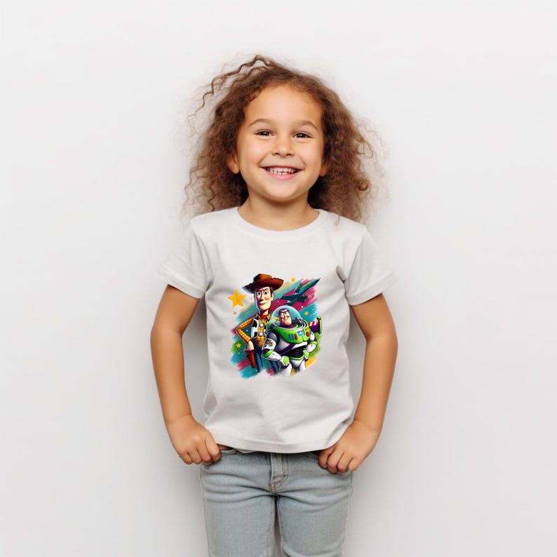 May include: A white t-shirt with a vibrant graphic of Woody and Buzz Lightyear from Toy Story. The design includes a star and a jet. The shirt is being worn by a young child.