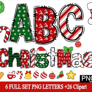 Alphabet de Noël PNG Lettres de Noël chiffres Clipart Alphabet du père Noël PNG polices de Noël Joyeux Noël Doodle Clipart polices de Santa