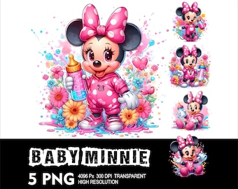 5 PNG Baby Mouse Girl Splash and Watercolor Transparent PNG file for Sublimation 300Dpi High Resolution PNG Download Files Baby Minnie