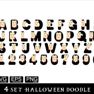 May include: A set of black alphabet letters and numbers with a vampire face design. The letters and numbers are in a bold, blocky font. The vampire faces have red eyes, white teeth, and a red bow tie.