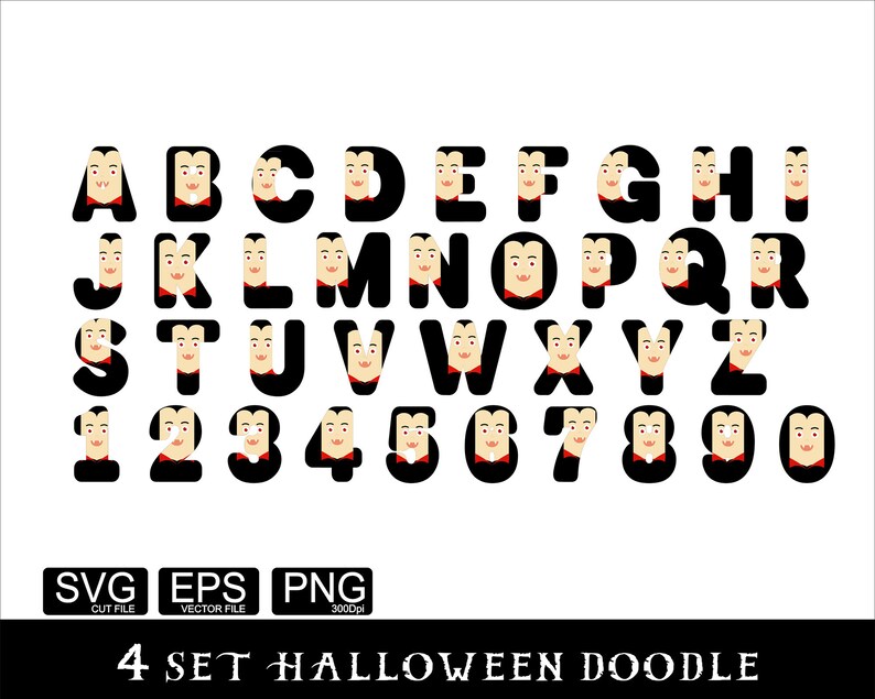 May include: A set of black alphabet letters and numbers with a vampire face design. The letters and numbers are in a bold, blocky font. The vampire faces have red eyes, white teeth, and a red bow tie.