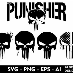 May include: Five black and white illustrations of the Punisher skull logo. The top logo says "The Punisher". The other four logos are variations of the skull with different details. The bottom of the image says "SVG - PNG - EPS - AI 20 BEST DESIGN".