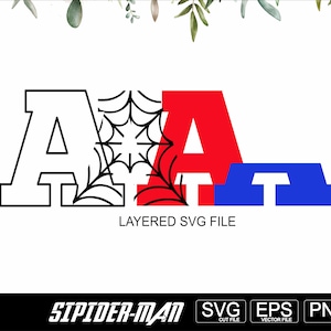 May include: Layered SVG file of the letters "A-A-T" with a spider web design. The first "A" is white, the second "A" is red, and the "T" is blue. The text "LAYERED SVG FILE" is below the letters.