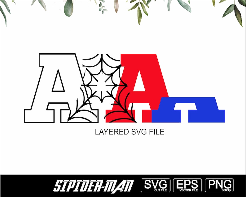 May include: Layered SVG file of the letters "A-A-T" with a spider web design. The first "A" is white, the second "A" is red, and the "T" is blue. The text "LAYERED SVG FILE" is below the letters.