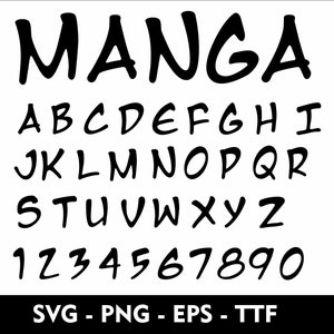 Fonte do alfabeto de mangá Svg Alfabeto de desenho animado para Cricut SVG Manga Alfabeto de aniversário Fonte Manga Letra Svg Png Eps TTF Fonte