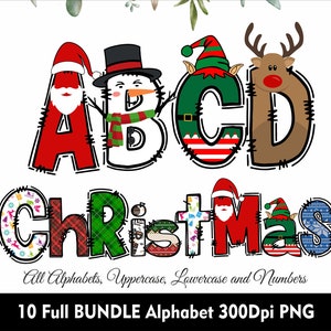 Lettere di Natale scarabocchiate, 10 set, alfabeto natalizio, carattere di Buon Natale, lettere di Natale, lettere di Babbo Natale, alfabeto natalizio degli elfi