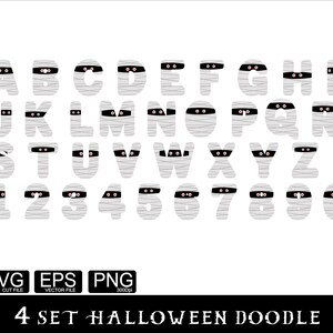 May include: A set of mummy alphabet letters and numbers. The letters and numbers are white with black outlines and have mummy bandages and eyes. The letters are uppercase and the numbers are 1-9 and 0.