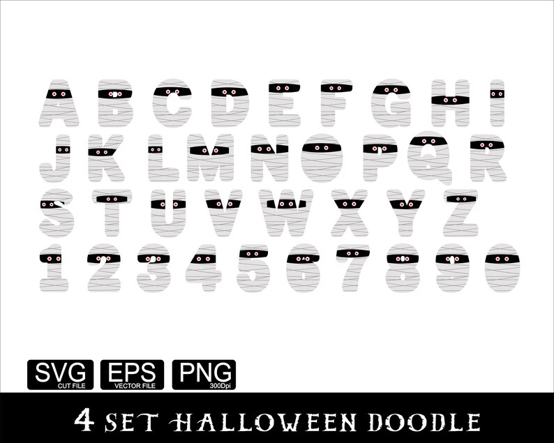 May include: A set of mummy alphabet letters and numbers. The letters and numbers are white with black outlines and have mummy bandages and eyes. The letters are uppercase and the numbers are 1-9 and 0.