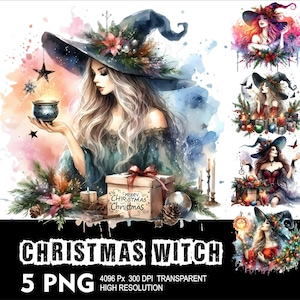 May include: Watercolor illustration of a witch with long blonde hair wearing a black hat decorated with flowers. She holds a glowing cauldron and is surrounded by Christmas decorations. The image includes the text "CHRISTMAS WITCH" and "5 PNG".