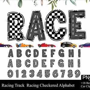 Alphabet damier de course piste de course alphabétique route numéros lettres voitures de course Clipart course numéros garçons anniversaire course alphabet Doodle png
