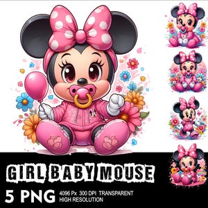 5 PNG Baby Mouse Girl Splash e Watercolor File PNG trasparente per sublimazione 300 Dpi Alta risoluzione PNG Scarica file Baby Minnie
