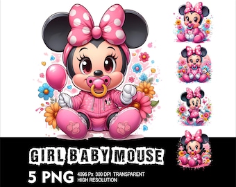 5 PNG Baby Mouse Girl Splash and Watercolor Transparent PNG file for Sublimation 300Dpi High Resolution PNG Download Files Baby Minnie