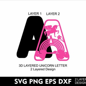 Puede incluir: Un dise&ntilde;o de dos capas de la letra "A" con un tema de unicornio. La primera capa es una letra negra s&oacute;lida, y la segunda capa es una letra rosa con un unicornio, un arco&iacute;ris y un dise&ntilde;o de estrella. El texto en la parte inferior dice "3D LAYERED UNICORN LETTER" y "SVG PNG EPS DXF".