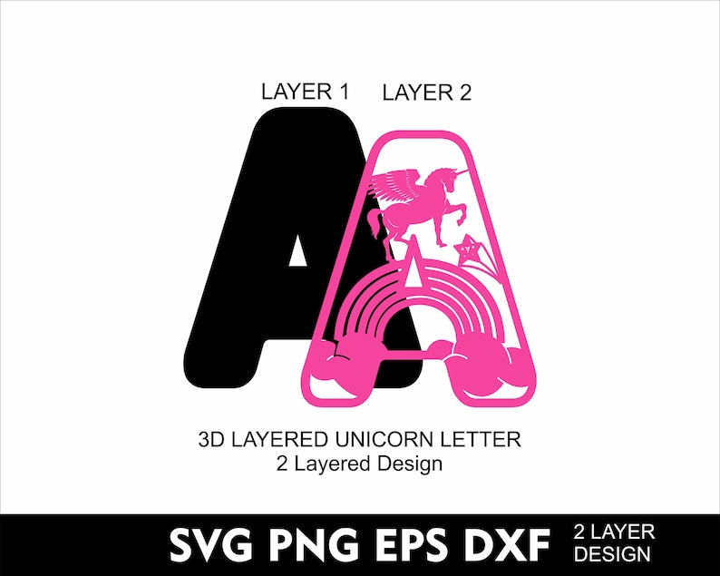 Puede incluir: Un dise&ntilde;o de dos capas de la letra "A" con un tema de unicornio. La primera capa es una letra negra s&oacute;lida, y la segunda capa es una letra rosa con un unicornio, un arco&iacute;ris y un dise&ntilde;o de estrella. El texto en la parte inferior dice "3D LAYERED UNICORN LETTER" y "SVG PNG EPS DXF".