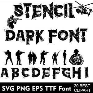 Dark Stencil Font SVG Army Alphabet Svg Distressed Army Font for Cricut Svg Png Eps TTF Font 20 Clipart