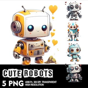 May include: A collection of cute robot illustrations in various colors, including yellow, white, and blue. The robots have large eyes and antenna. The image also includes yellow heart-shaped balloons and the text "CUTE ROBOTS 5 PNG".