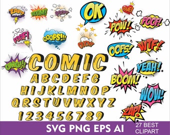 Police de caractères SVG Comic Bubbles Clipart Kids police - Comic Svg Png Eps Ai - police de l'alphabet héros pour Cricut - Comic Letters Comic Burst