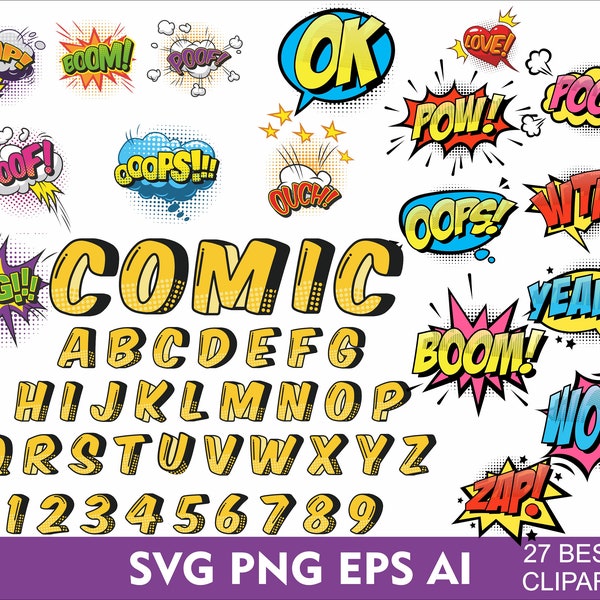 Police de caractères SVG Comic Bubbles Clipart Kids police - Comic Svg Png Eps Ai - police de l'alphabet héros pour Cricut - Comic Letters Comic Burst