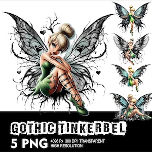May include: A gothic Tinkerbell fairy with black wings and green clothing. The fairy is sitting on a branch with black roots. The background is white.