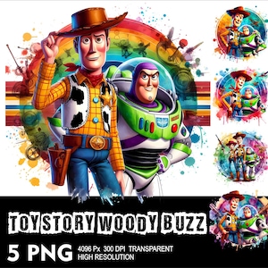 Puede incluir: Los personajes de Toy Story, Woody y Buzz Lightyear, en un diseño de acuarela colorido. Woody lleva su clásico sombrero de vaquero y chaleco, mientras que Buzz está en su traje de ranger espacial. El diseño incluye un arcoíris, estrellas y otros elementos del universo de Toy Story.