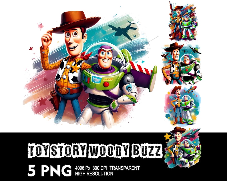 May include: Digital artwork featuring Woody and Buzz Lightyear from Toy Story. Woody, in a cowboy hat and vest, stands next to Buzz, in a green and white spacesuit. The image includes the text "TOY STORY WOODY BUZZ" and "5 PNG".