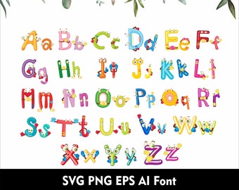 Cute Kids Cartoon Alphabet Kids Funny font Cartoon Letter Svg Cute Characters Kids Font Svg Cartoon Font Svg Png Eps Ai