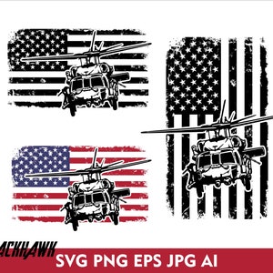 Może przedstawiać: Wzór amerykańskiej flagi w czarno-białym kolorze z czarnym sylwetką helikoptera Blackhawk przelatującego nad nią. Wzór powtarza się z czerwoną, białą i niebieską amerykańską flagą w stanie zużycia.