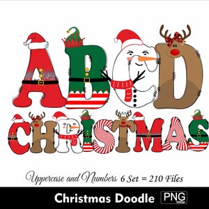 Christmas Doodle Alphabet BUNDLE 6 Set PNG Christmas Letters Santa Elf Reindeer Alphabet Candy Snowman Font