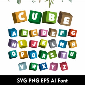 May include: A colorful alphabet font with each letter displayed on a 3D cube. The letters are white and the cubes are in various colors, including orange, green, brown, blue, pink, red, yellow, and gray. The word "CUBE" is displayed at the top of the image in the same font style.